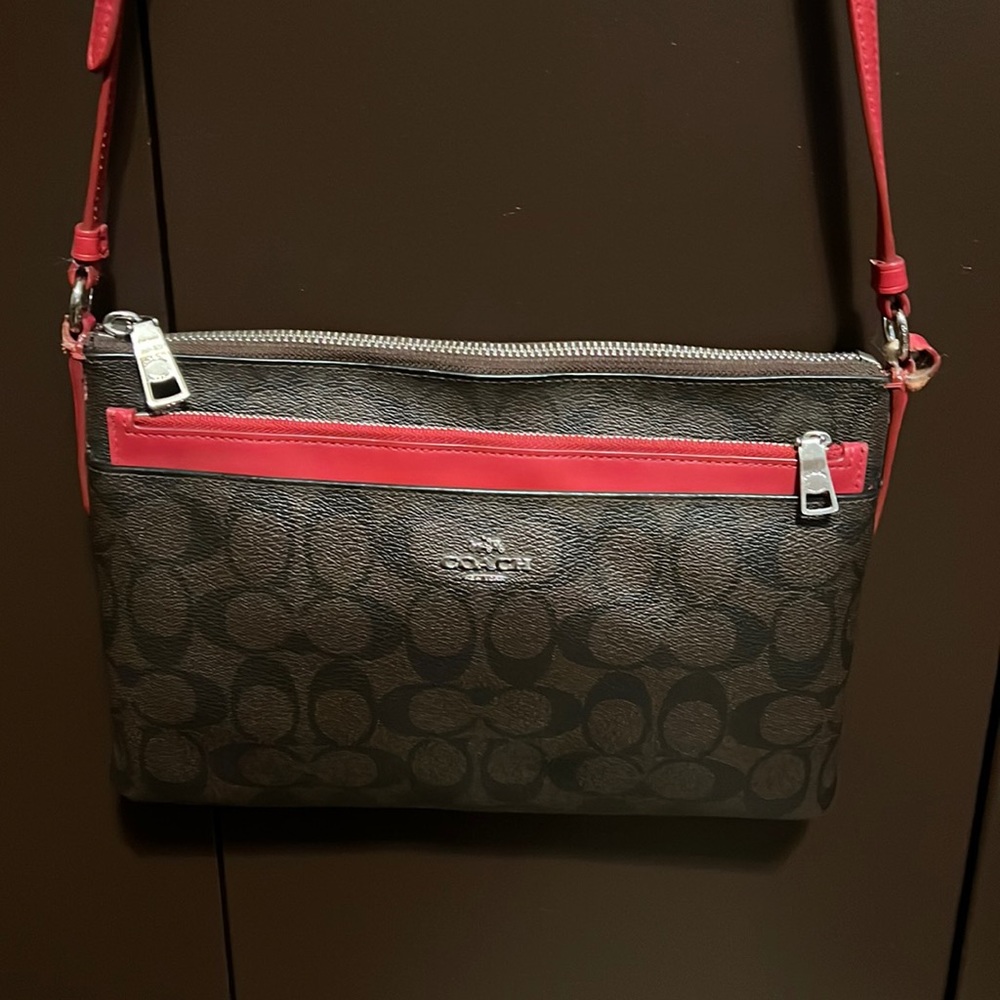 Coach Red & Brown Signature East/West Crossbody With Pop-Up Pouch